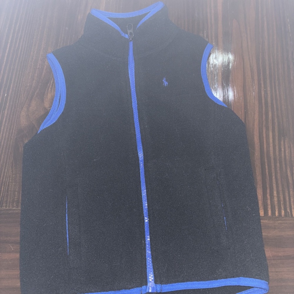 Polo By Ralph Lauren Boys Sz 5 Vest Fleece Full Zip Black W/ Blue Trim Toddler